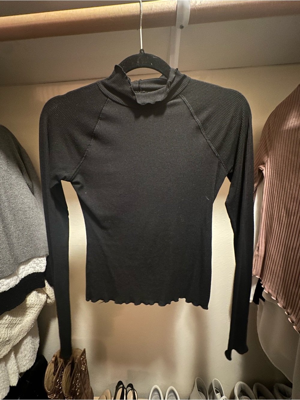 SO Black Ribbed Long Sleeve Mock Neck Top